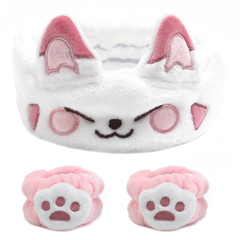MAYCREATE® 3Pcs Face Wash Headband & Wrist Band Kawaii Cat Ear Headband Spa Headband for Women Cute Elastic Plush Headband Wristband for Makeup, Spa, Face Washing MAYCREATE® 3Pcs Face Wash Headband & Wrist Band Kawaii Cat Ear Headband Spa Headband for Women Cute Elastic Plush Headband Wristband for Makeup, Spa, Face Washing